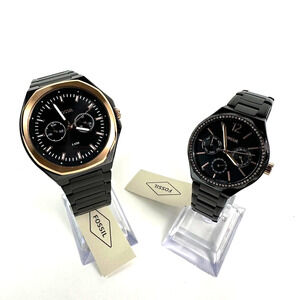 Fossil His and Her Multifunction Black Rose gold Day & Date Watch BQ2645SET